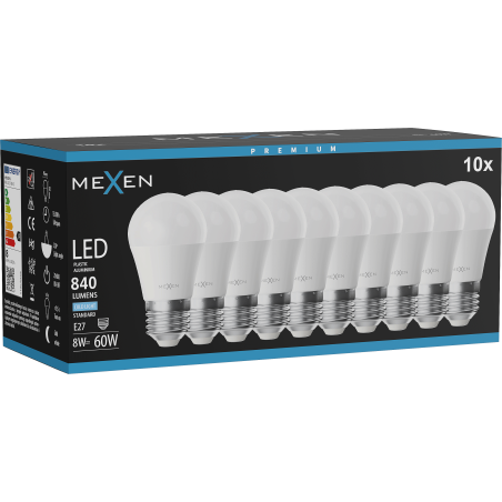 Mexen Nova 10x LED-Glühbirne E27, G45, 8W, Kalt - 6500K, 840 lm - L101-E27-0865-01x10