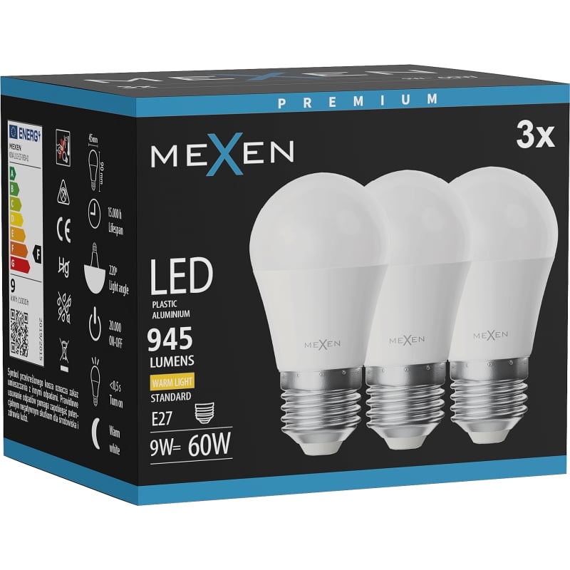 Mexen Nova 3x LED-Glühbirne E27, G45, 9W, Warm - 3000K, 945 lm - L101-E27-0930-01x03