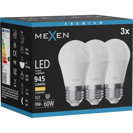 Mexen Nova 3x LED-Glühbirne E27, G45, 9W, Warm - 3000K, 945 lm - L101-E27-0930-01x03