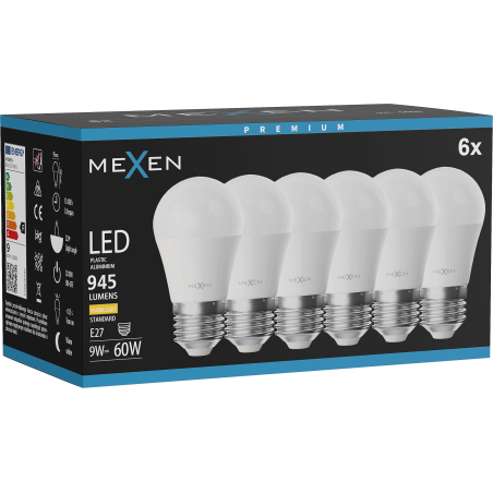 Mexen Nova 6x LED-Glühbirne E27, G45, 9W, Warm - 3000K, 945 lm - L101-E27-0930-01x06