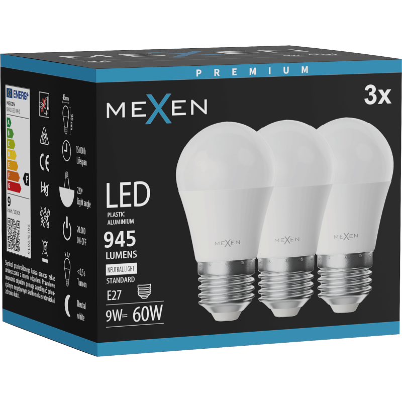 Mexen Nova 3x LED-Glühbirne E27, G45, 9W, Neutral - 4000K, 945 lm - L101-E27-0940-01x03