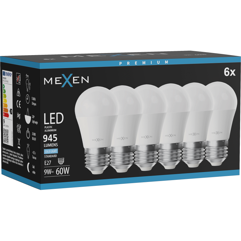 Mexen Nova 6x LED-Glühbirne E27, G45, 9W, Kalt - 6500K, 945 lm - L101-E27-0965-01x06