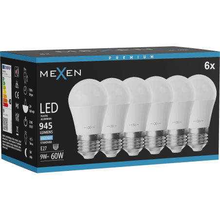 Mexen Nova 6x LED-Glühbirne E27, G45, 9W, Kalt - 6500K, 945 lm - L101-E27-0965-01x06