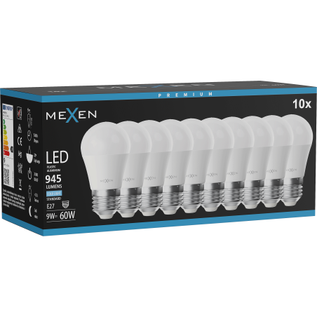 Mexen Nova 10x LED-Glühbirne E27, G45, 9W, Kalt - 6500K, 945 lm - L101-E27-0965-01x10