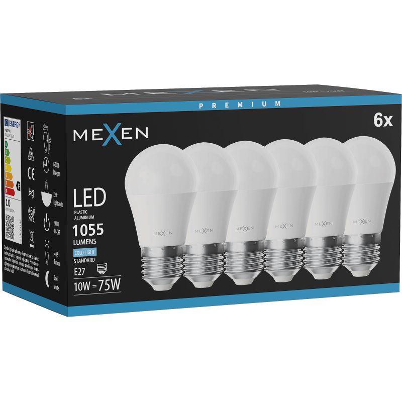 Mexen Nova 6x LED-Glühbirne E27, G45, 10W, Kalt - 6500K, 1055 lm - L101-E27-1065-01x06