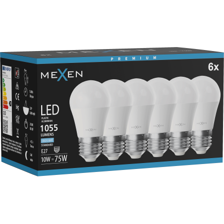 Mexen Nova 6x LED-Glühbirne E27, G45, 10W, Kalt - 6500K, 1055 lm - L101-E27-1065-01x06