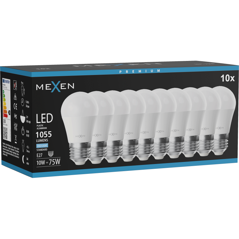 Mexen Nova 10x LED-Glühbirne E27, G45, 10W, Kalt - 6500K, 1055 lm - L101-E27-1065-01x10