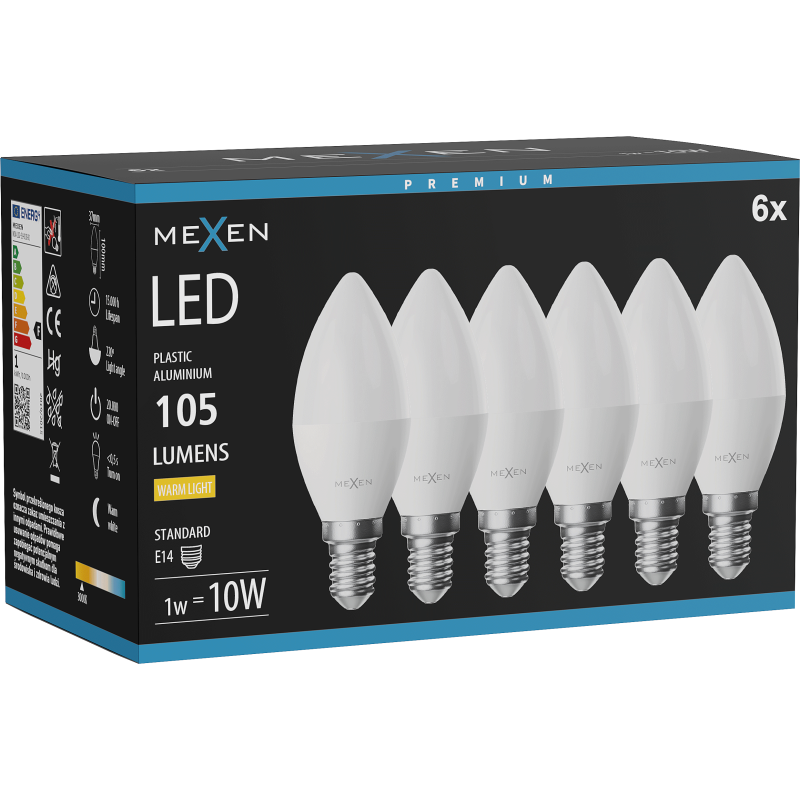 Mexen Nova 6x LED-Lampe E14, C37, 1W, Warm - 3000K, 105 lm - L102-E14-0130-01x06