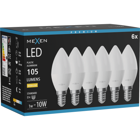Mexen Nova 6x LED-Lampe E14, C37, 1W, Warm - 3000K, 105 lm - L102-E14-0130-01x06