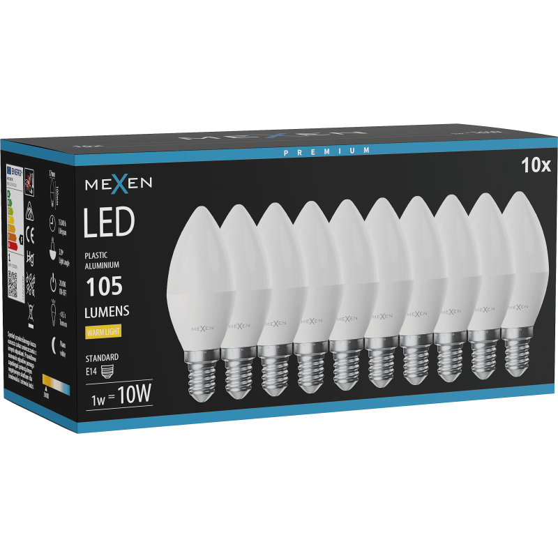 Mexen Nova 10x LED-Glühbirne E14, C37, 1W, Warm - 3000K, 105 lm - L102-E14-0130-01x10