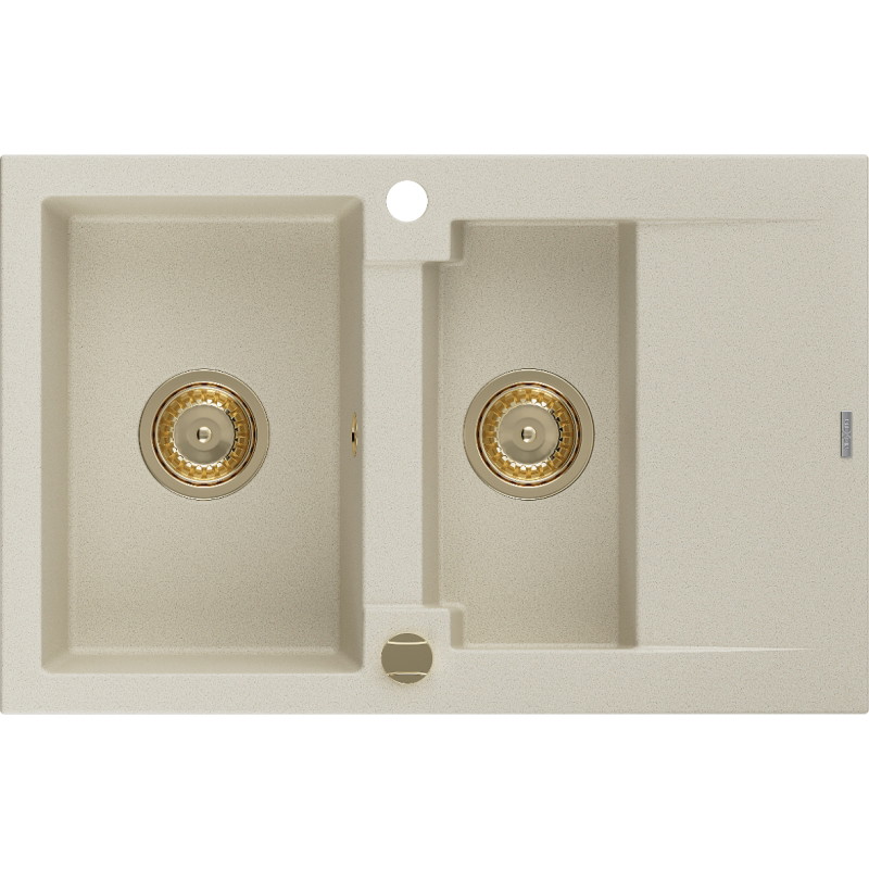 Mexen Gaspar Granitspüle 1,5-beckig mit Abtropffläche 737 x 475 mm, beige, goldener Siphon - 6507731505-69-G