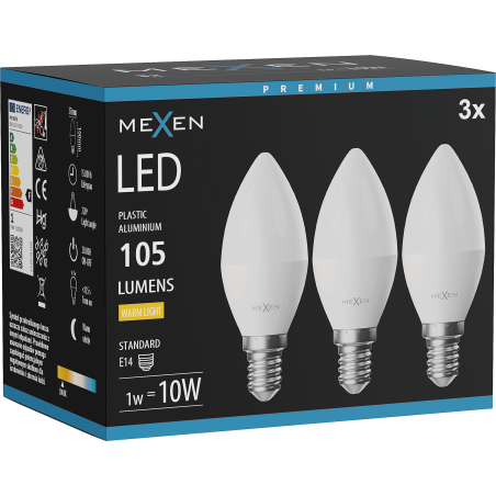 Mexen Nova 3x LED-Glühbirne E14, C37, 1W, Neutral - 4000K, 105 lm - L102-E14-0140-01x03