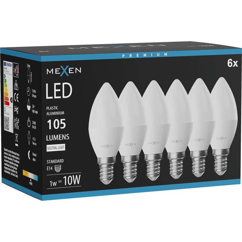 Mexen Nova 6x LED-Glühbirne E14, C37, 1W, Neutral - 4000K, 105 lm - L102-E14-0140-01x06