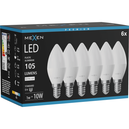Mexen Nova 6x LED-Glühbirne E14, C37, 1W, Neutral - 4000K, 105 lm - L102-E14-0140-01x06