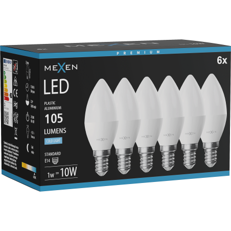 Mexen Nova 6x LED-Lampe E14, C37, 1W, Kalt - 6500K, 105 lm - L102-E14-0165-01x06