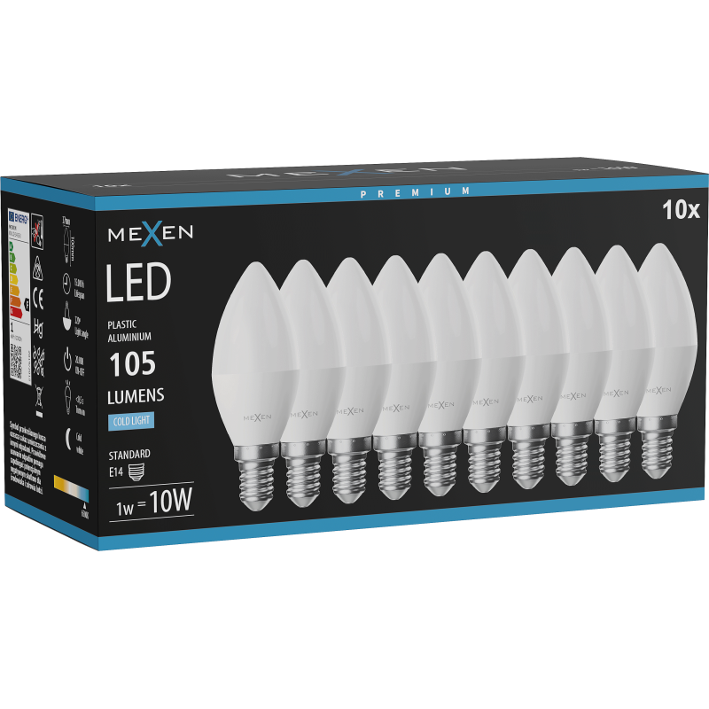 Mexen Nova 10x LED-Glühbirne E14, C37, 1W, Kalt - 6500K, 105 lm - L102-E14-0165-01x10