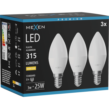 Mexen Nova 3x LED-Glühbirne E14, C37, 3W, Warm - 3000K, 315 lm - L102-E14-0330-01x03