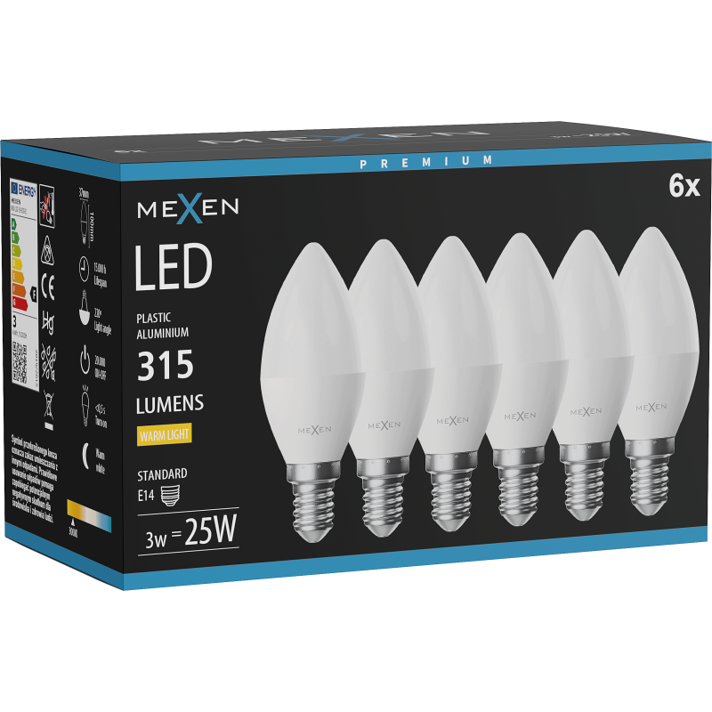 Mexen Nova 6x LED-Glühbirne E14, C37, 3W, Warm - 3000K, 315 lm - L102-E14-0330-01x06