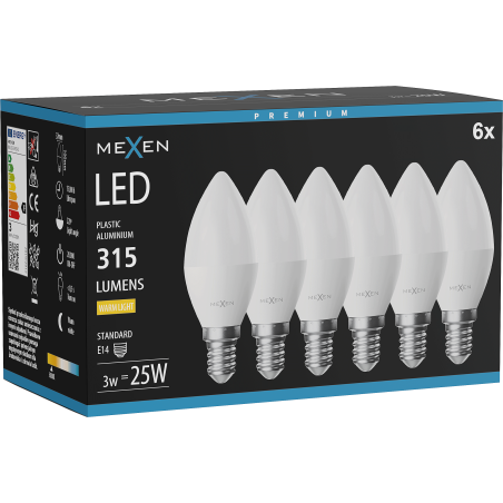 Mexen Nova 6x LED-Glühbirne E14, C37, 3W, Warm - 3000K, 315 lm - L102-E14-0330-01x06