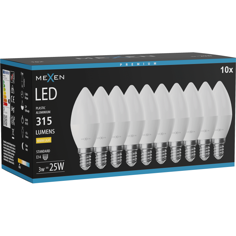 Mexen Nova 10x LED-Glühbirne E14, C37, 3W, Warm - 3000K, 315 lm - L102-E14-0330-01x10