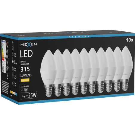 Mexen Nova 10x LED-Glühbirne E14, C37, 3W, Warm - 3000K, 315 lm - L102-E14-0330-01x10