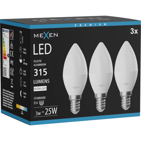 Mexen Nova 3x LED-Lampe E14, C37, 3W, Neutral - 4000K, 315 lm - L102-E14-0340-01x03