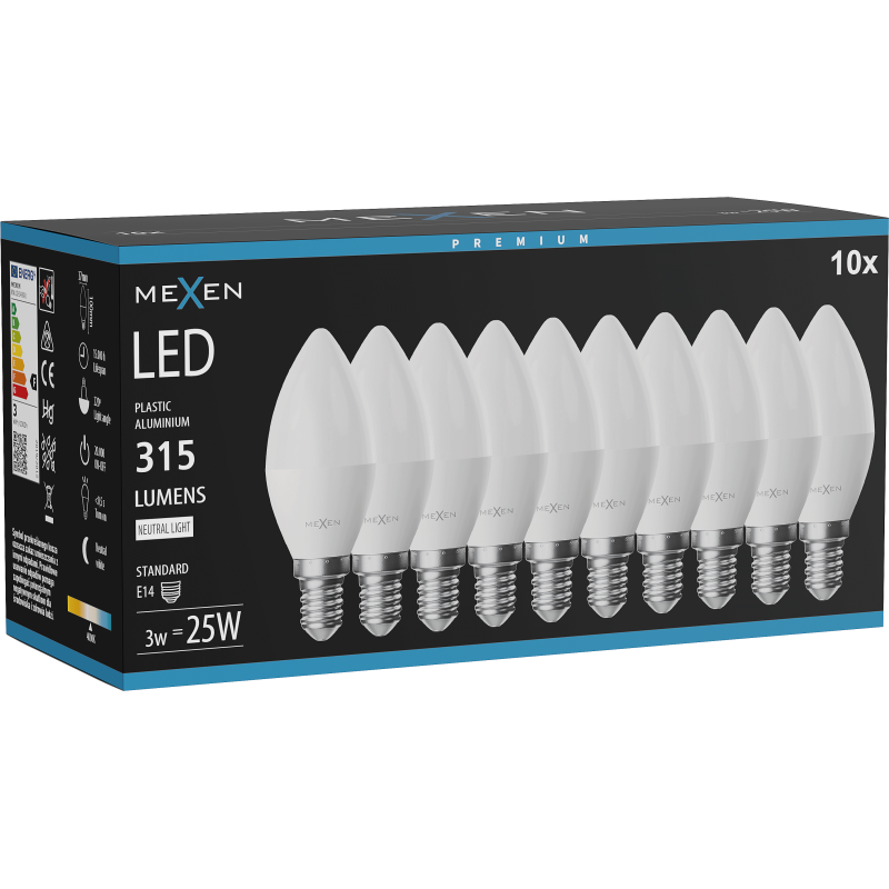 Mexen Nova 10x LED-Lampe E14, C37, 3W, Neutral - 4000K, 315 lm - L102-E14-0340-01x10