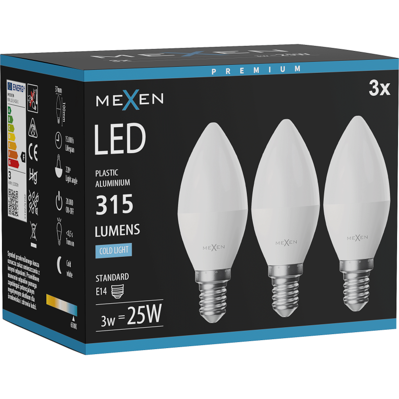 Mexen Nova 3x LED-Glühbirne E14, C37, 3W, Kalt - 6500K, 315 lm - L102-E14-0365-01x03