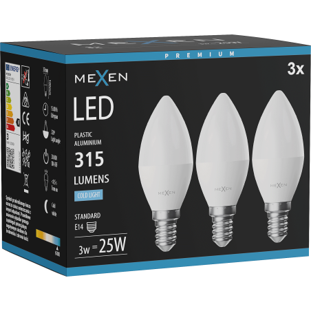 Mexen Nova 3x LED-Glühbirne E14, C37, 3W, Kalt - 6500K, 315 lm - L102-E14-0365-01x03