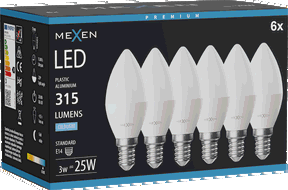 Mexen Nova 6x LED-Glühbirne E14, C37, 3W, Kalt - 6500K, 315 lm - L102-E14-0365-01x06