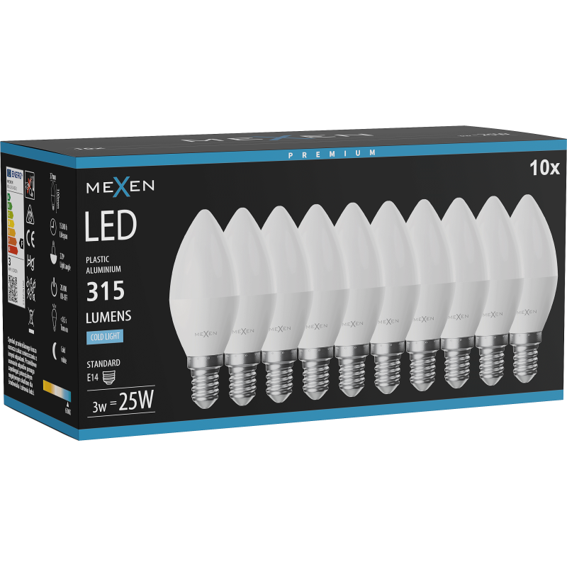 Mexen Nova 10x LED-Lampe E14, C37, 3W, Kalt - 6500K, 315 lm - L102-E14-0365-01x10