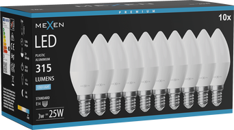 Mexen Nova 10x LED-Lampe E14, C37, 3W, Kalt - 6500K, 315 lm - L102-E14-0365-01x10