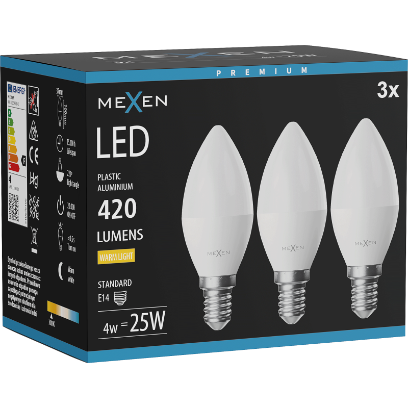Mexen Nova 3x LED-Glühlampe E14, C37, 4W, Warm - 3000K, 420 lm - L102-E14-0430-01x03
