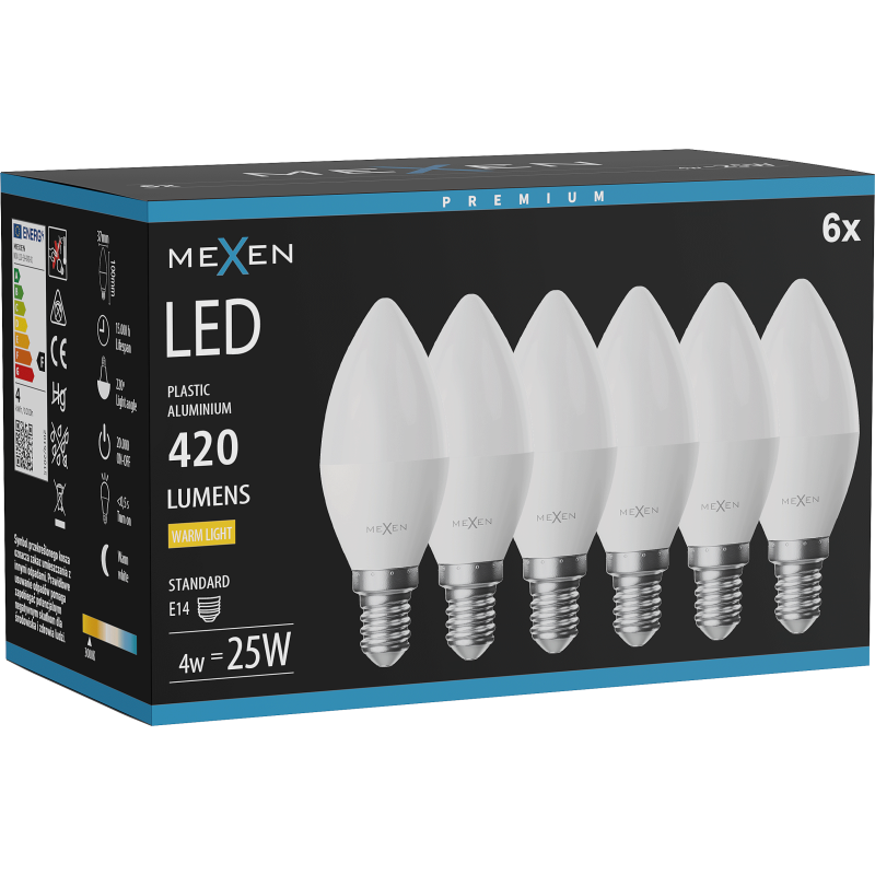 Mexen Nova 6x LED-Glühbirne E14, C37, 4W, Warm - 3000K, 420 lm - L102-E14-0430-01x06