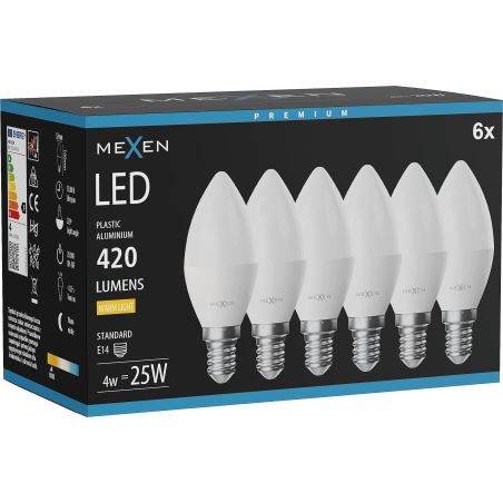 Mexen Nova 6x LED-Glühbirne E14, C37, 4W, Warm - 3000K, 420 lm - L102-E14-0430-01x06