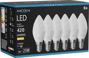 Mexen Nova 6x LED-Glühbirne E14, C37, 4W, Warm - 3000K, 420 lm - L102-E14-0430-01x06