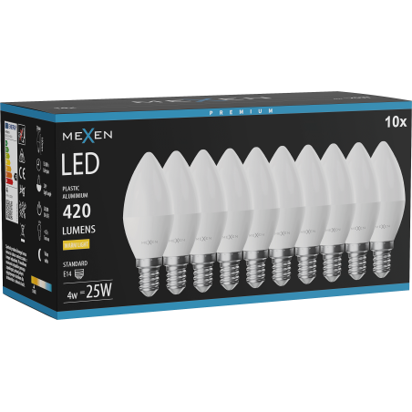 Mexen Nova 10x LED-Glühbirne E14, C37, 4W, Warm - 3000K, 420 lm - L102-E14-0430-01x10