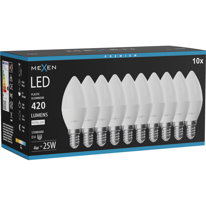 Mexen Nova 10x LED-Glühbirne E14, C37, 4W, Neutral - 4000K, 420 lm - L102-E14-0440-01x10