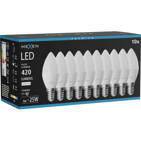 Mexen Nova 10x LED-Glühbirne E14, C37, 4W, Neutral - 4000K, 420 lm - L102-E14-0440-01x10
