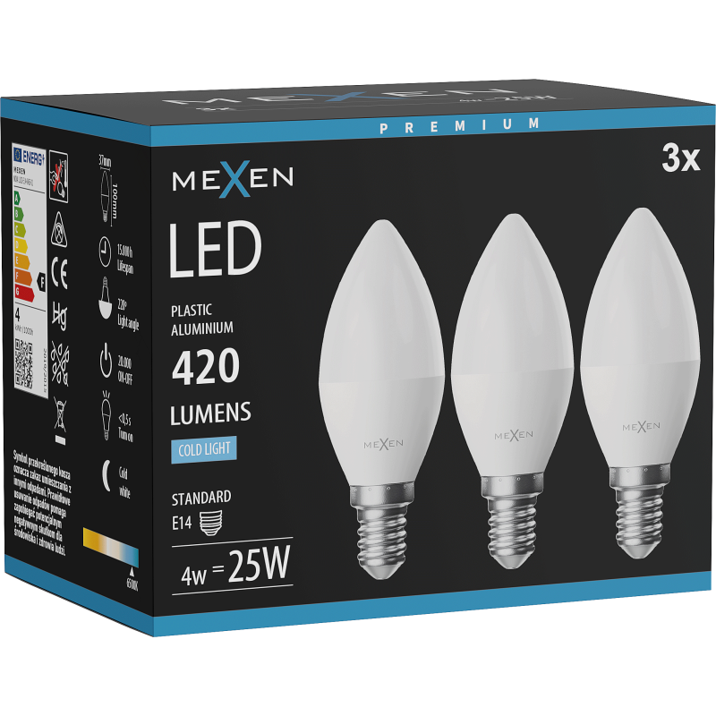Mexen Nova 3x LED-Glühbirne E14, C37, 4W, Kalt - 6500K, 420 lm - L102-E14-0465-01x03