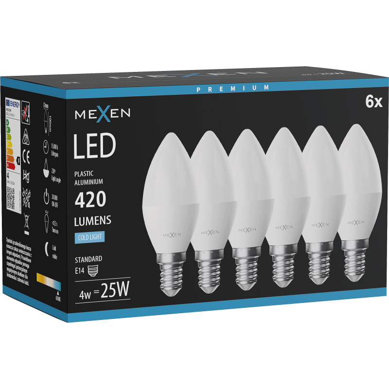 Mexen Nova 6x LED-Glühbirne E14, C37, 4W, Kalt - 6500K, 420 lm - L102-E14-0465-01x06