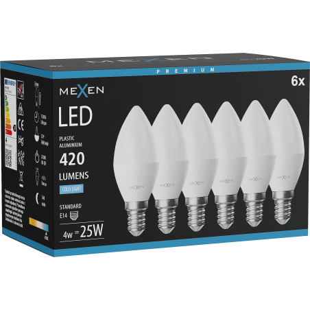 Mexen Nova 6x LED-Glühbirne E14, C37, 4W, Kalt - 6500K, 420 lm - L102-E14-0465-01x06