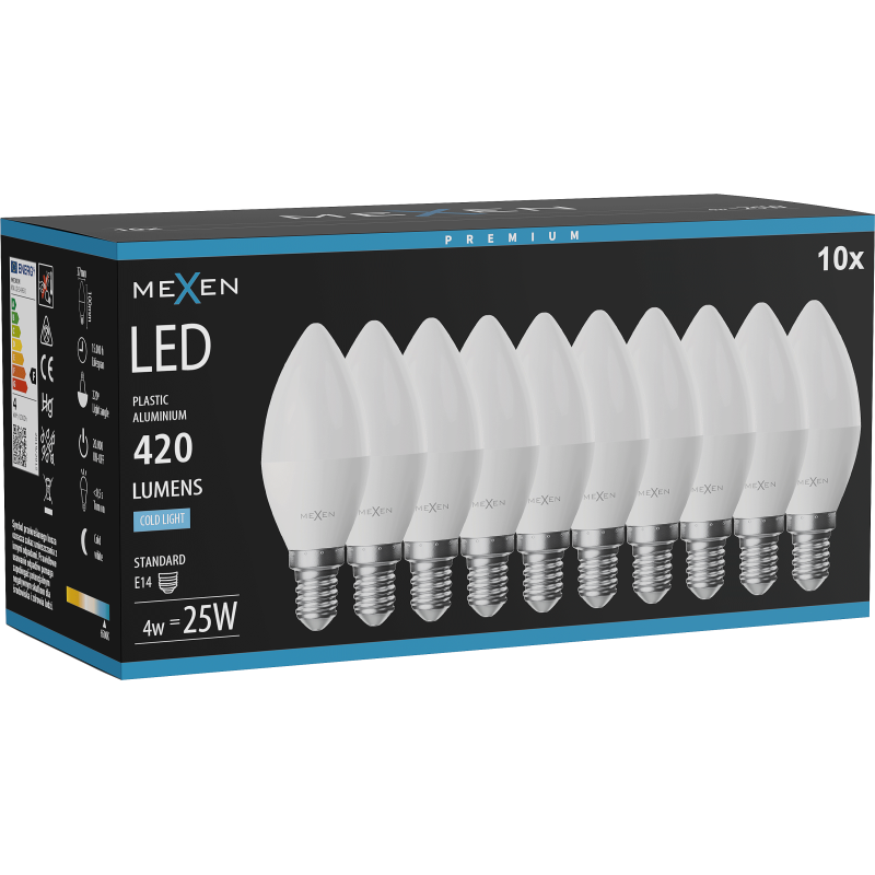 Mexen Nova 10x LED-Glühbirne E14, C37, 4W, Kalt - 6500K, 420 lm - L102-E14-0465-01x10