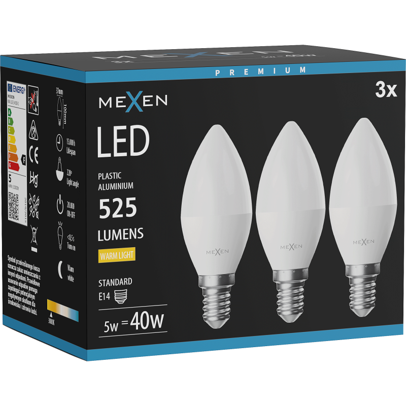 Mexen Nova 3x LED-Glühbirne E14, C37, 5W, Warm - 3000K, 525 lm - L102-E14-0530-01x03