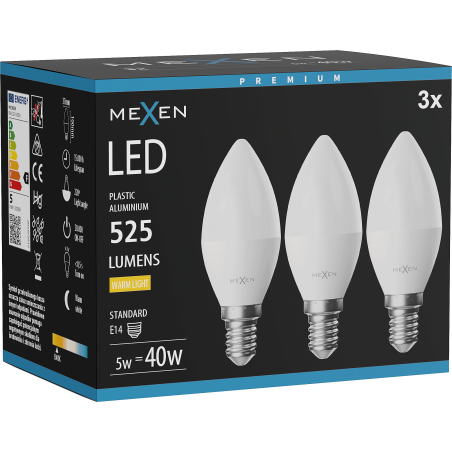 Mexen Nova 3x LED-Glühbirne E14, C37, 5W, Warm - 3000K, 525 lm - L102-E14-0530-01x03