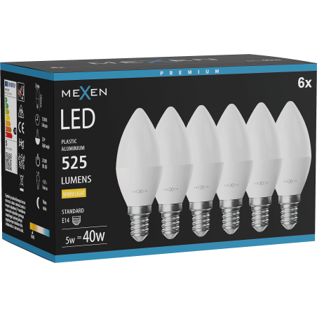 Mexen Nova 6x LED-Lampe E14, C37, 5W, Warm - 3000K, 525 lm - L102-E14-0530-01x06