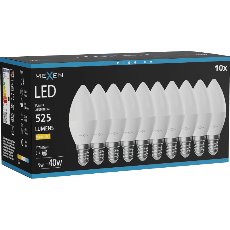 Mexen Nova 10x LED-Lampe E14, C37, 5W, Warm - 3000K, 525 lm - L102-E14-0530-01x10