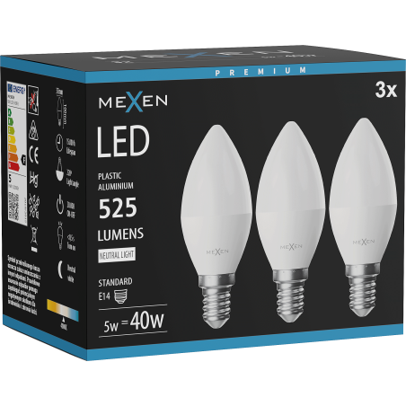 Mexen Nova 3x LED-Glühbirne E14, C37, 5W, Neutral - 4000K, 525 lm - L102-E14-0540-01x03