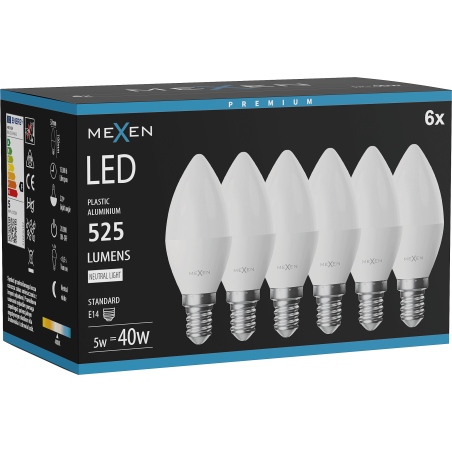 Mexen Nova 6x LED-Glühlampe E14, C37, 5W, Neutral - 4000K, 525 lm - L102-E14-0540-01x06