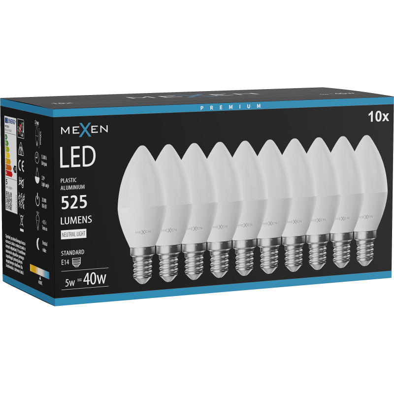 Mexen Nova 10x LED Lampe E14, C37, 5W, Neutral - 4000K, 525 lm - L102-E14-0540-01x10